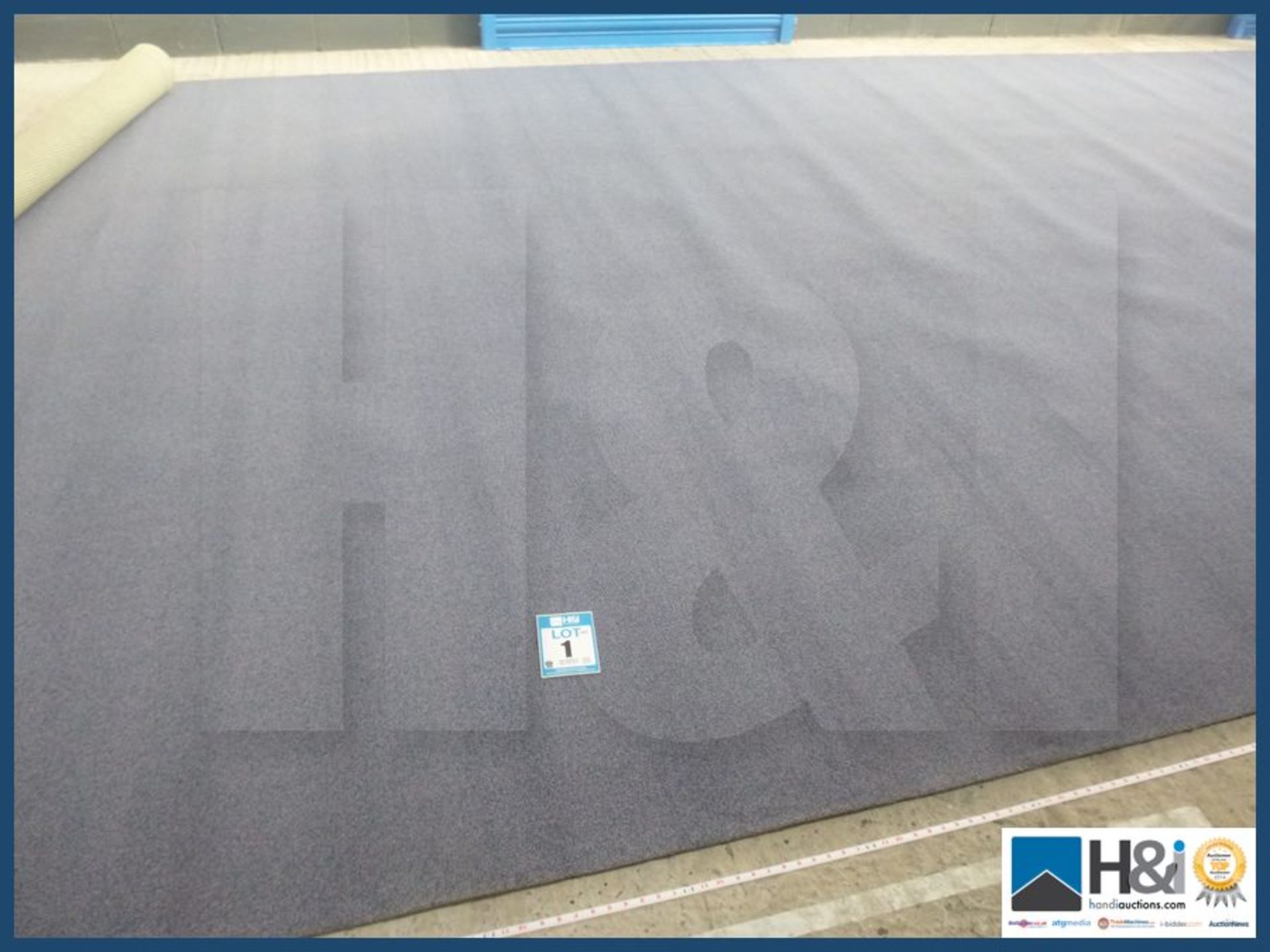 Approx 8.5 m X 4m Colour Platinum blue man made fiber cut pile. RRP 12 per meter.