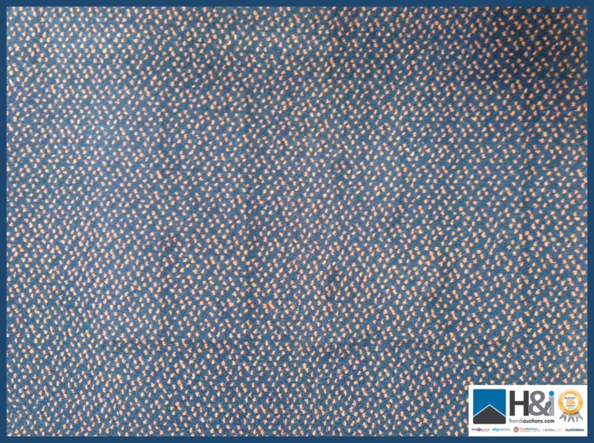 Approx 5.00 x4.00 of 80% wool cut pile carpet. Heavy wear, Geometric design. Dark blue with Salmon p