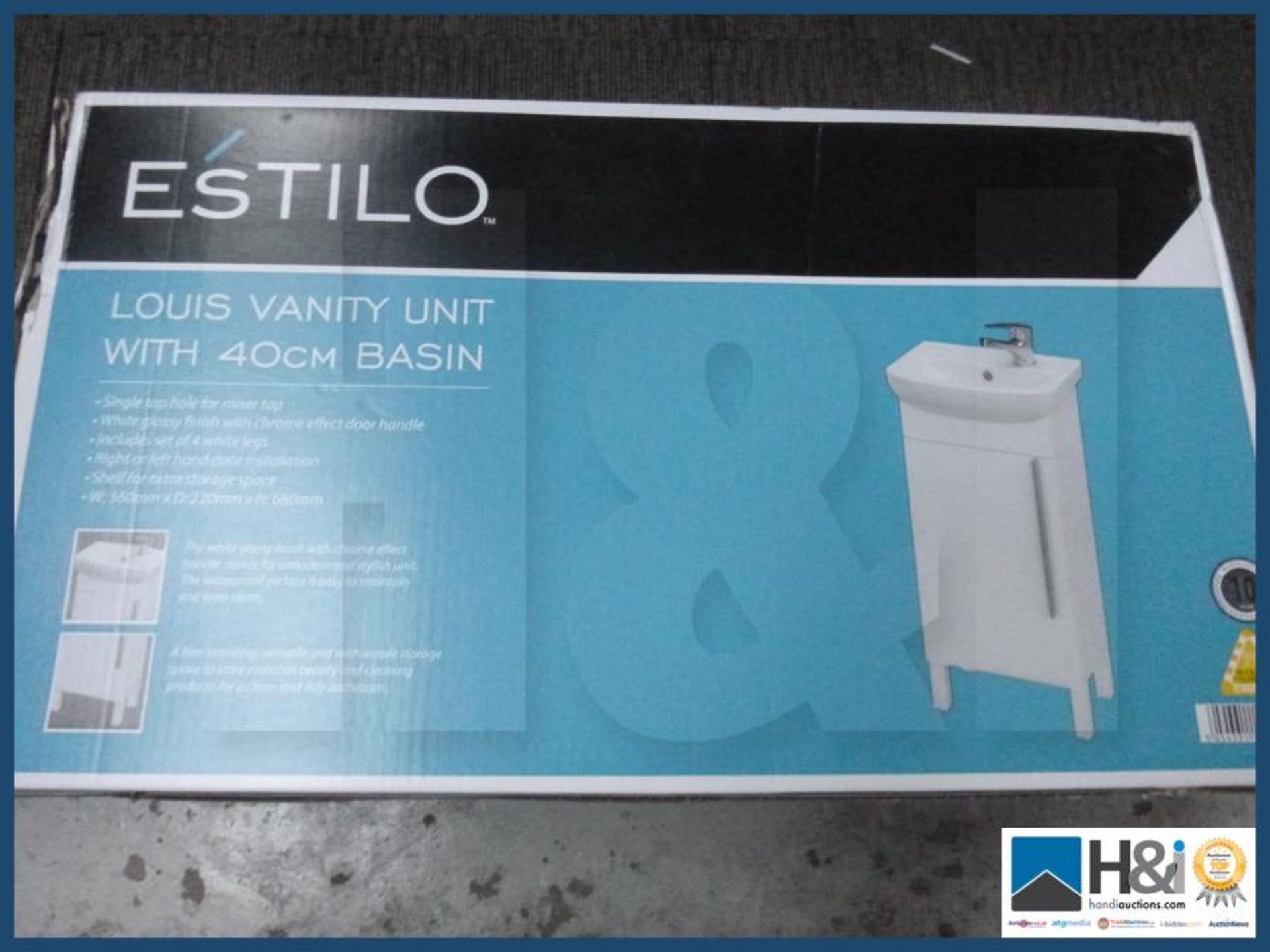 Estillo Louis vanity unit with 40cm ceramic basin complementing VO5 mono block and waste . RRP 210 G