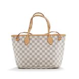 Vuitton - sac Neverfull PM en toile enduite damier azur et cuir naturel - 22x29 cm /