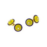 Paire de boutons de manchette or 585 sertis d'une perle de culture entourée de verre jaune et d'