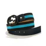 Gucci - ceinture en cuir bleu marine et nylon noir et turquoise bleu vif - boucle GG noire - T105 /