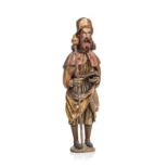 Saint Jacques. statue en bois sculpté polychrome et doré. XIXe s.. Allemagne '. h. 89 cm (dégâts).