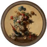 Ecole française du XIXe s.. Nature morte au perroquet. huile sur toile en tondo. monogrammée. diam.