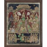 Le couronnement de Rama. techniques mixtes sous verre. Inde. Tanjore. XIX-XXe s.. 76x60 cm (à vue)