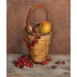 Aurèle René Barraud (1903-1969). Nature morte au panier de cerises et pommes. huile sur toile. signé