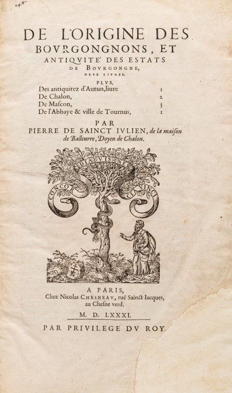 BOURGOGNE SAINT JULIEN. De l'Origine des Bourgongnons.... Paris. Nicolas Chesneau. 1581. 1 vol. in-f - Image 2 of 5