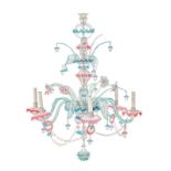 Lustre de Murano. fin XIXe s.. en verre transparent et teinté bleu. blanc et rose. h. 100 cm. diam.