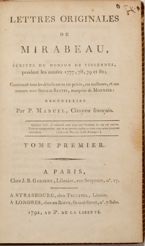 MIRABEAU. Honoré Gabriel Riqueti (comte de). Lettres originales de Mirabeau.... Paris. Strasbourg. L - Image 2 of 2