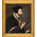 Ecole suisse du XIXe s.. Jean Calvin (1509-1564). portrait en miniature d'après C. de Bornimb. à la