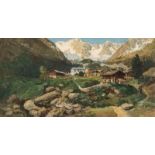Charles Giron (1850-1914). Village alpestre. huile sur carton. signée. 50x96.5 cm