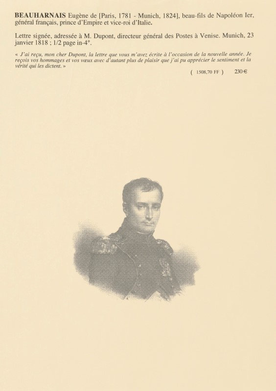 EMPIRE. BEAUHARNAIS (Eugène de. fils adoptif de Napoléon Ier). 5 lettres et 1 partie de lettres sign - Image 18 of 24