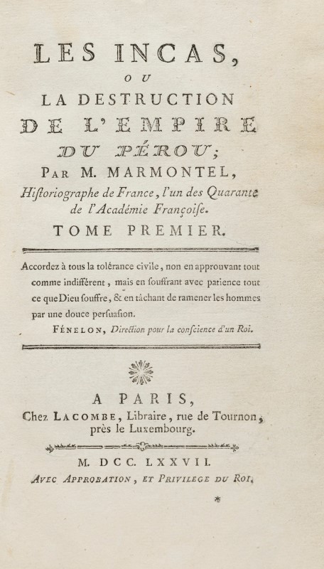 MARMONTEL (Jean-François). Les Incas. ou la Destruction de l'empire du Pérou. Paris. Lacombe. 1777. - Image 2 of 5