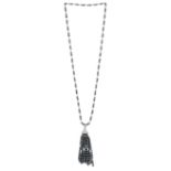 Collier pompon or gris 750 serti de diamants et de diamants noirs taille brillant et retenant des pe