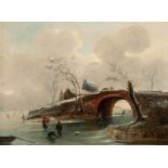 Jules César Denis Van Loo (1743-1821). entourage de. Paysage hivernal au pont et patineurs. huile su