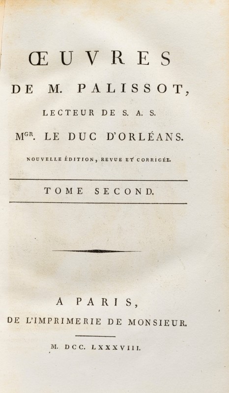 PALISSOT Oeuvres de . Lecteur de S.A.S. Mgr. Le Duc d'Orléans. Paris. De l'Imprimerie de Monsieur. 1 - Image 2 of 5