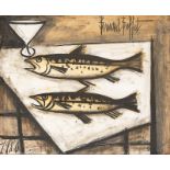 Bernard Buffet (1928-1999). "Deux truites". huile sur toile. signée. titrée au verso. 60x73 cm