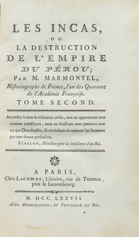 MARMONTEL (Jean-François). Les Incas. ou la Destruction de l'empire du Pérou. Paris. Lacombe. 1777. - Image 3 of 5