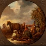 Benjamin Gerritsz CUYP (1612-1652). entourage de. La vente du cheval. huile sur panneau. diam. 52 cm