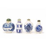 FOUR BLUE AND WHITE PORCELAIN SNUFF BOTTLES