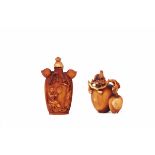 TWO CARVED WOOD SNUFF BOTTLES