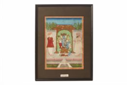 AN ANTIQUE INDIAN MINIATURE OF WORSHIP OF TRIMURTI