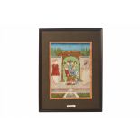 AN ANTIQUE INDIAN MINIATURE OF WORSHIP OF TRIMURTI