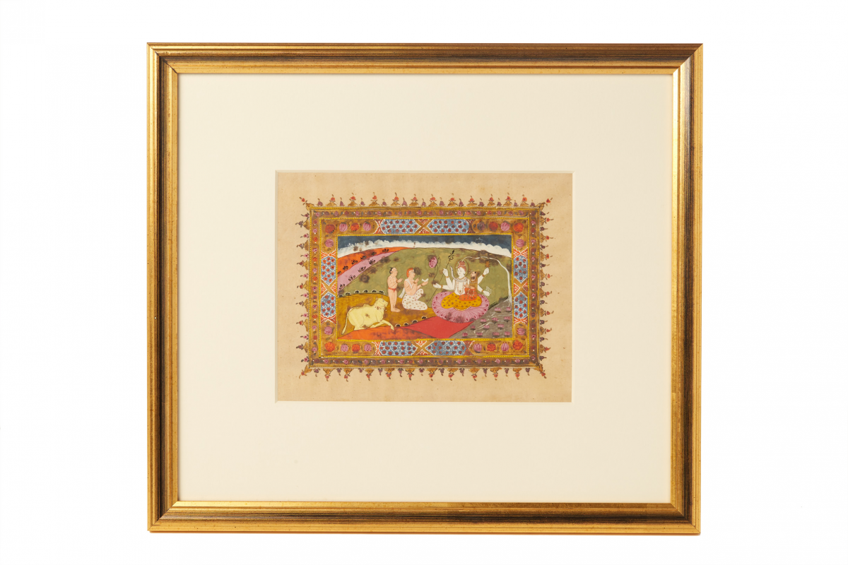 AN ANTIQUE INDIAN MINIATURE PAINTING OF SHANKAR AND PARVATI BEING WORSHIPPED