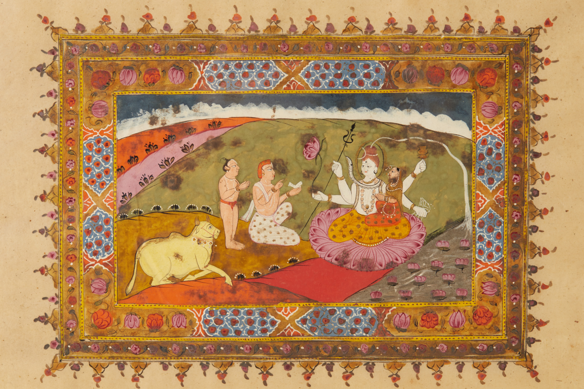 AN ANTIQUE INDIAN MINIATURE PAINTING OF SHANKAR AND PARVATI BEING WORSHIPPED - Image 2 of 2