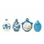 FOUR BLUE AND WHITE PORCELAIN SNUFF BOTTLES