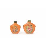 TWO ORANGE PORCELAIN SNUFF BOTTLES