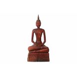 A CAMBODIAN WOODEN SCULPTURE OF THE BUDDHA MEDITATING (1M HIGH)