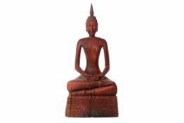 A CAMBODIAN WOODEN SCULPTURE OF THE BUDDHA MEDITATING (1M HIGH)