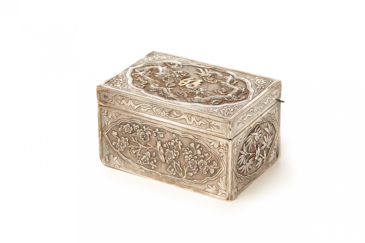 AN ANTIQUE VIETNAMESE SILVER EMBOSSED WEDDING BOX, FROM THE MINH MANG DYNASTY