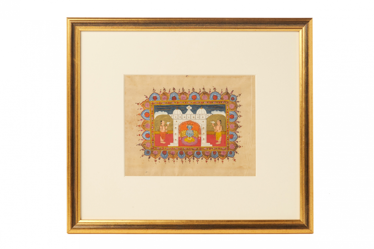 AN ANTIQUE INDIAN MINIATURE PAINTING OF THE WORSHIP OF KRISHNA