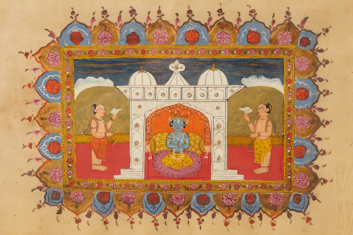 AN ANTIQUE INDIAN MINIATURE PAINTING OF THE WORSHIP OF KRISHNA - Image 2 of 2