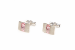 MONTBLANC - A PAIR OF BRUSHED STERLING SILVER & PINK ZIRCONIA INLAY CUFFLINKS