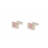 MONTBLANC - A PAIR OF BRUSHED STERLING SILVER & PINK ZIRCONIA INLAY CUFFLINKS