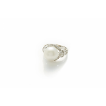 AN 18K WHITE GOLD, SOUTH SEA PEARL AND DIAMOND RING