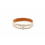 HERMES - A WHITE METAL & WHITE LEATHER CUFF