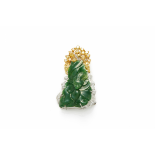 AN 18K WHITE GOLD, DIAMOND AND JADE CARVED BROOCH