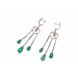 A PAIR OF DIAMOND AND EMERALD EARRINGS