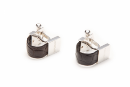 MONTBLANC - A PAIR OF SILVER & LEATHER CUFFLINKS