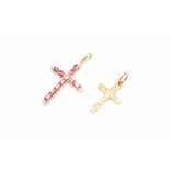 A PAIR OF GOLD AND RUBY CROSSES