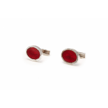 BVLGARI - A PAIR OF RED ENAMEL GUILLOCHÉ ENGRAVED STERLING SILVER CUFFLINKS