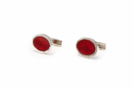 BVLGARI - A PAIR OF RED ENAMEL GUILLOCHÉ ENGRAVED STERLING SILVER CUFFLINKS