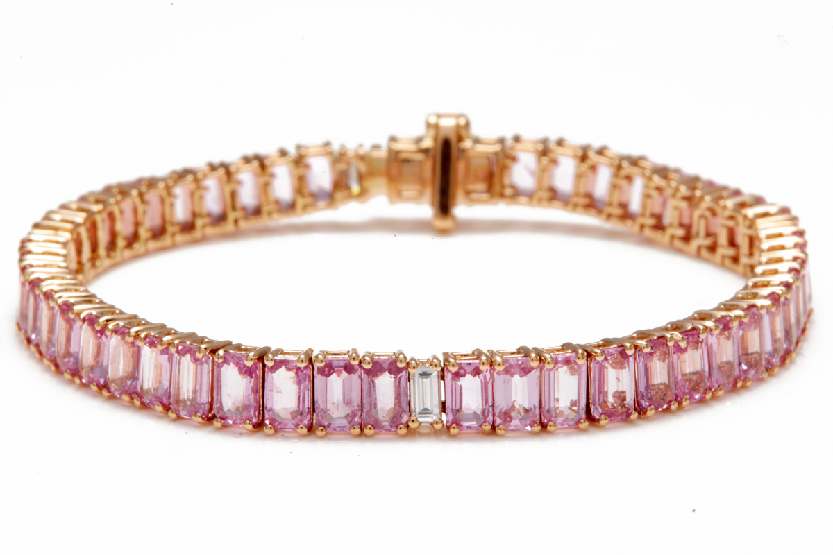 AN 18K ROSE GOLD, PINK SAPPHIRE AND DIAMOND BAGUETTE BRACELET - Image 2 of 3