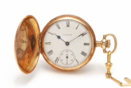 ELGIN - A 14K GOLD POCKET WATCH WITH CHAIN