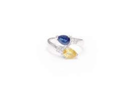 AN 18K WHITE GOLD, DIAMOND AND COLOURED SAPPHIRE RING