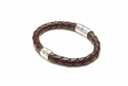 BOTTEGA VENETA - A DARK BROWN INTRECCIATO LEATHER AND SILVER BRACELET